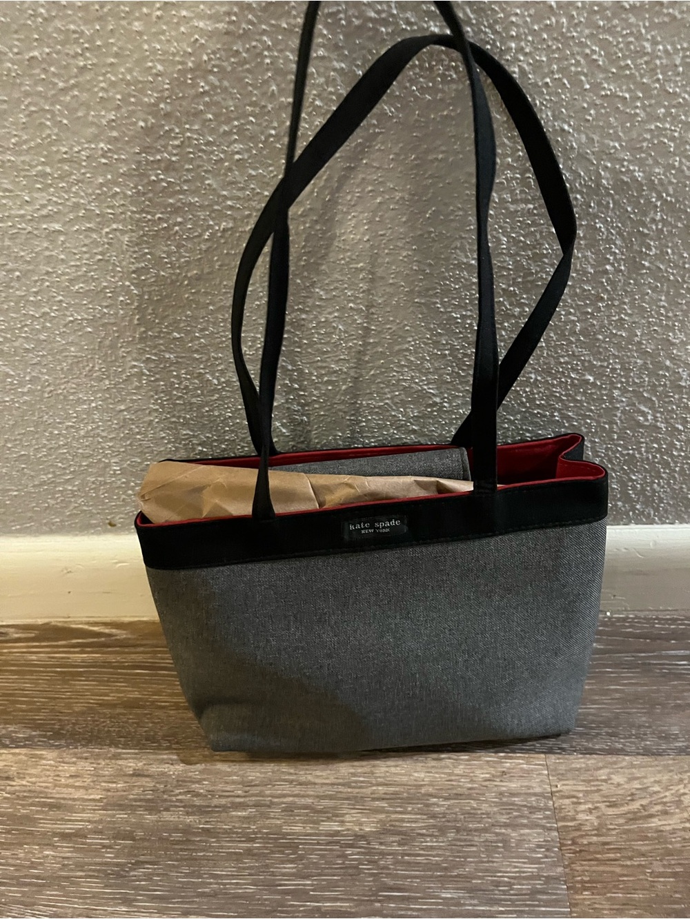 kate spade Gray Tote with Red Interior and Black Straps